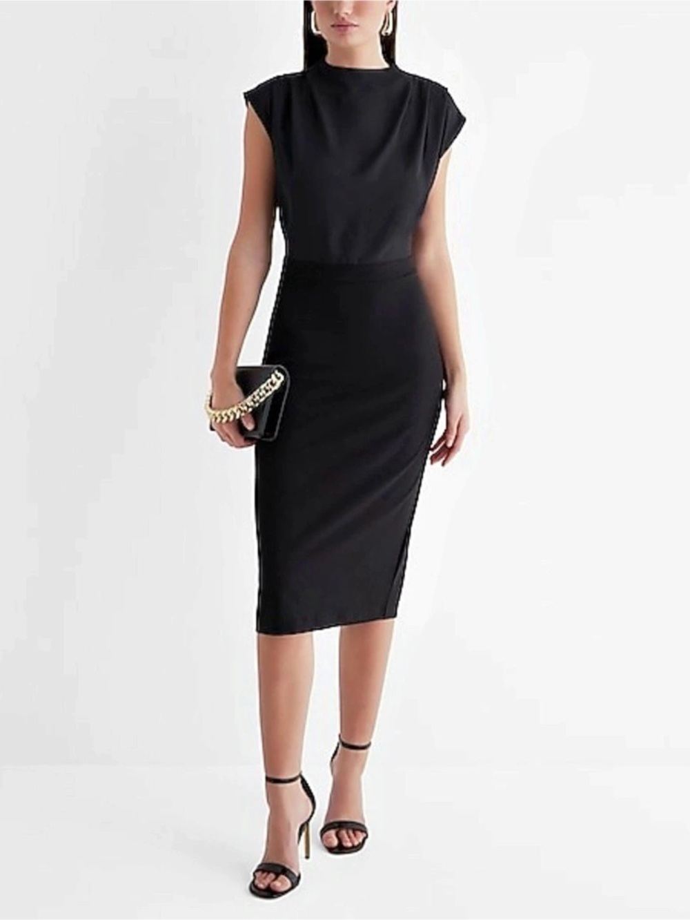 Express Draped Mock Neck Midi Sheath Dress Black